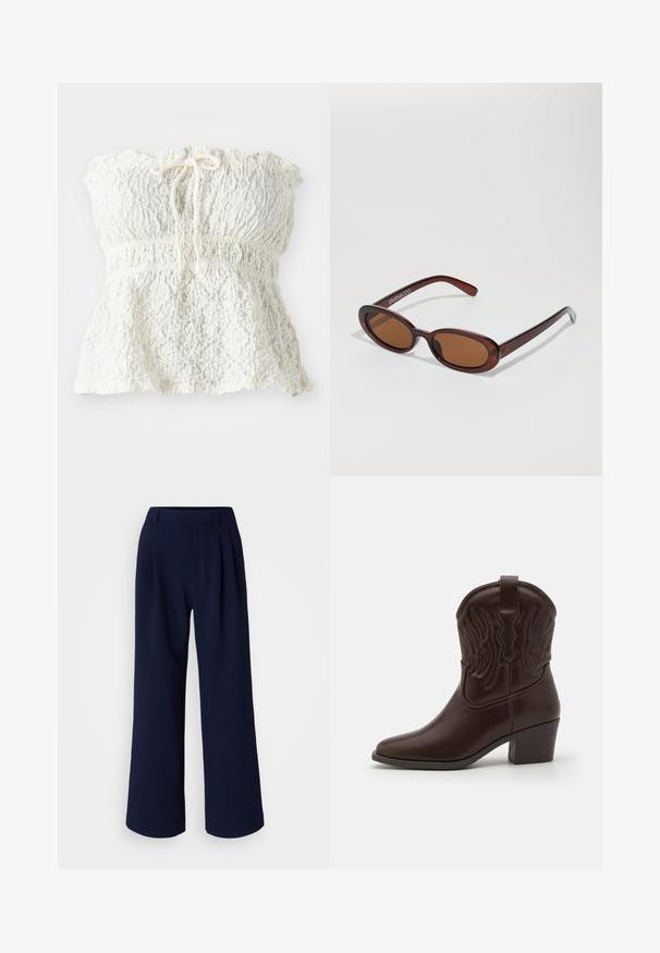 Top bianco senza spalline realizzato in pizzo testurizzato con un corpetto arricciato e un orlo arricciato. Presenta un dettaglio a fiocco sullo scollo.; Pantaloni a gamba larga in blu scuro, con pieghe davanti, tessuto liscio e vita classica. Senza tasche visibili o dettagli.; Stivali da cowboy in pelle marrone con punta affusolata, motivi a ali in rilievo, tacco a blocco di media altezza e linguetta sul retro.; Occhiali da sole rotondi con tonalità marrone, montatura lucida color bordeaux. Aste sottili con un sottile dettaglio del marchio. Design delle lenti piatte.