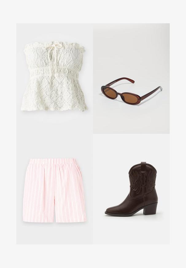Hvid, stropløs top lavet af struktureret blonde med en smocket barm og en rynket kant. Har en bindedetalje ved halsen.; Letvægts bomulds shorts med et pink og hvidt lodret stribet mønster, der har et elastisk talje for komfort og nem påklædning.; Brune læder cowboystøvler med spidse tæer, præget vinge mønster, en midhøj blokhæl og en pull-tab bagpå.; Runde, bruntonede solbriller med en glansfuld bordeauxramme. Slanke arme med diskret brandingdetalje. Flad linsedesign.