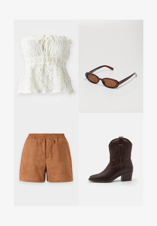 Haut blanc sans bretelles en dentelle texturée avec un corsage smocké et un ourlet froncé. Dispose d'un détail à nouer au niveau de l'encolure.; Shorts en daim brun avec une taille élastique, présentant une coupe décontractée et une texture lisse. Design simple, adapté à une tenue décontractée.; Bottes de cowboy en cuir marron avec des bouts pointus, des motifs d'ailes gaufrés, un talon bloc de hauteur intermédiaire et une languette à l'arrière.; Lunettes de soleil rondes teinte brun avec une monture bordeaux brillante. Branches fines avec un détail de marque subtil. Design de verres plats.