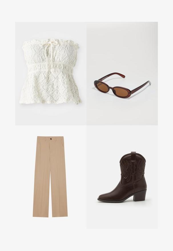 Valge, õlavööta pealmine osa, mis on valmistatud tekstuurse pitsiga, smockitud esiotsa ja volditud kraega. Kaela piirkonnas on lipsu detail.; Bežid laiendid püksid sujuva tekstuuriga, millel on kaks küljetaskut, eesmine nup closure ning peened voldid lisadetailiks.; Pruunist nahast cowboy saapad, millel on teravad varbad, reljeefsed tiivamustrid, kesk kõrguses plokk konts ja tõmbenupp taga.; Ümar, pruunikased päikeseprillid läikiva burgundia raami ja peente kaubamärgi detailidega. Peened sangad ja lame läätsedesain.