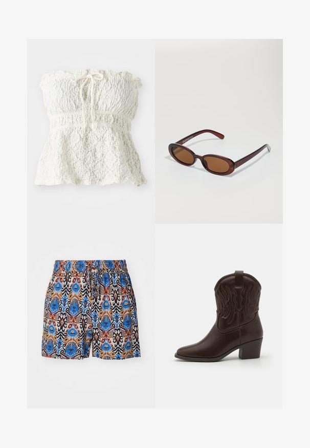 White, strapless top made of textured lace with a smocked bodice and a gathered hem. Features a tie detail at the neckline.; Patterned shorts with an elastic waistband. Features vibrant blue, red, and brown designs on a light fabric background.; Brown leather cowboy boots featuring pointed toes, embossed wing patterns, a mid-height block heel, and a pull tab at the back.; Round, brown-tinted sunglasses with a glossy burgundy frame. Slim arms with subtle branding detail. Flat lens design.