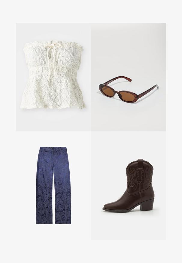 Haut blanc sans bretelles en dentelle texturée avec un corsage smocké et un ourlet froncé. Dispose d'un détail à nouer au niveau de l'encolure.; Pantalons larges en bleu foncé avec un motif abstrait texturé. Présente une fermeture à bouton et des poches avant. Tissu doux avec une finition lisse.; Bottes de cowboy en cuir marron avec des bouts pointus, des motifs d'ailes gaufrés, un talon bloc de hauteur intermédiaire et une languette à l'arrière.; Lunettes de soleil rondes teinte brun avec une monture bordeaux brillante. Branches fines avec un détail de marque subtil. Design de verres plats.