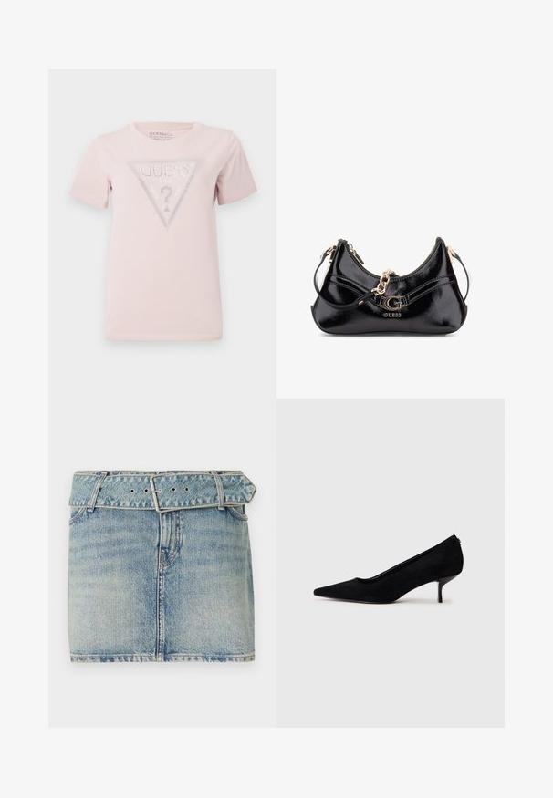 Tricou roz deschis din bumbac, cu mâneci scurte. Are un grafic triunghiular cu cuvântul "GUESS" și strasuri decorative.; Fustă mini din denim cu un nuanță deschisă de albastru, având un talie cu curea și cataramă metalică, cinci buzunare și o ușoară decolorare pentru textură.; Pantofii cu toc înalt din suede negru, cu vârf ascuțit și un toc subțire, jos. Textură netedă, cu un design elegant, fără hardware vizibil.; Geantă din piele patent neagră cu un design curbat, accente de hardwear aurii și un logo proeminent. Include o curea de umăr detașabilă.
