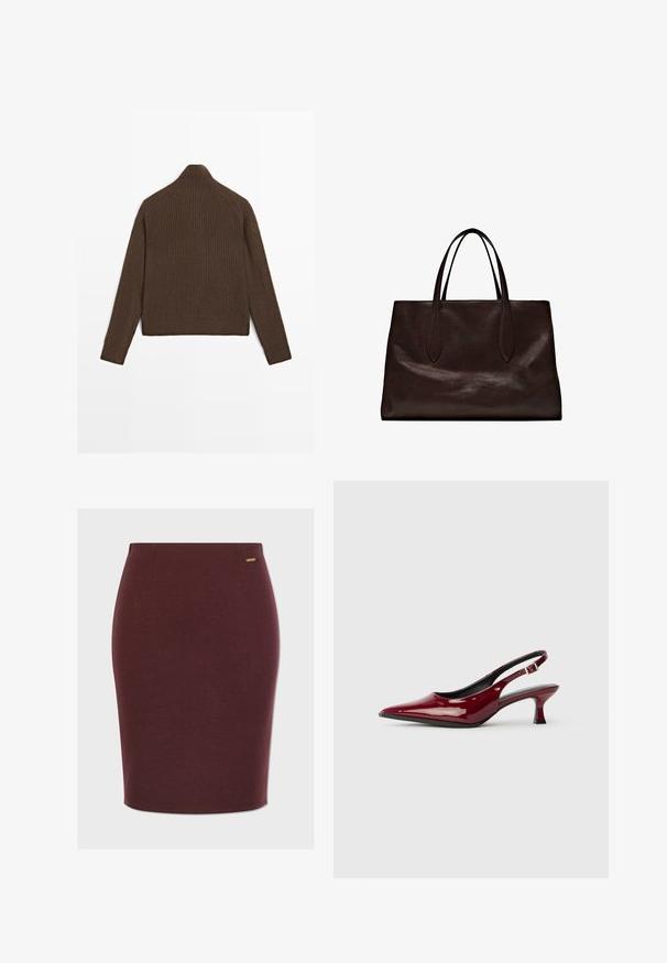 Pull en maille côtelée marron avec des manches longues et un col haut, présenté de dos sur fond blanc.; Jupe crayon bordeaux en tissu lisse, présentant un design ajusté, de subtiles coutures latérales et un petit accent en métal. ; Escarpins à talons aiguilles en cuir verni bordeaux, avec un bout pointu et un élégant talon stiletto. Design à dos ouvert avec une sangle à la cheville réglable.; Massimo Dutti Sac à main - brown