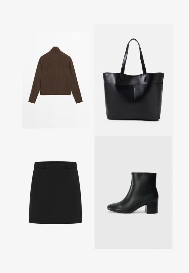Maglione a coste marrone con maniche lunghe e colletto alto, mostrato da dietro su uno sfondo bianco.; Gonna mini nera realizzata in tessuto liscio con un design semplice, vita piatta e due bottoni decorativi sul davanti.; Stivali neri in pelle fino alla caviglia con punta appuntita e tacco spesso. Texture liscia con minimi dettagli e un design elegante e aderente.; Borsa a tracolla in pelle nera con due manici lunghi, una texture liscia e una forma strutturata. Presenta una tasca frontale per ulteriore spazio di archiviazione.