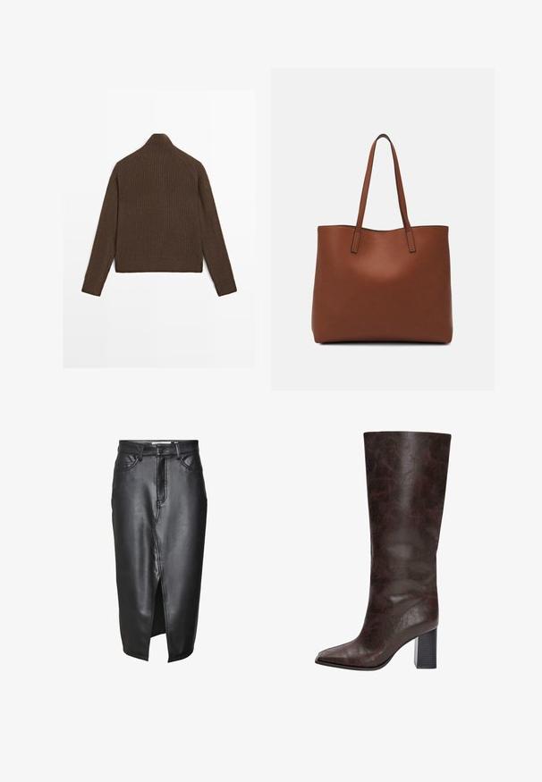 Brown ribbed knit sweater with long sleeves and a high neck, shown from the back on a white background.; Black leather skirt with a mid-length design, featuring a front slit, classic belt loops, and stitched detailing along the seams.; Brown faux leather knee-high boots with a pointed toe, a textured surface, and a chunky black heel. Smooth finish, minimal detailing.; Brown leather tote bag with a smooth texture, open top design, and two shoulder straps. Features minimal stitching and no visible hardware.