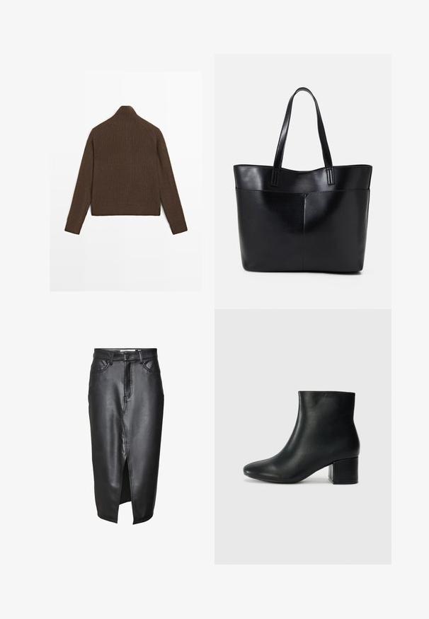 Brązowy, prążkowany sweter z długimi rękawami i wysokim kołnierzem, pokazany z tyłu na białym tle.; Czarna skórzana spódnica o średniej długości, z rozcięciem z przodu, klasycznymi pętelkami na pasek i przeszyciami wzdłuż szwów.; Czarne skórzane botki za kostkę z ostrym noskiem i masywnym obcasem. Gładka tekstura z minimalnymi akcentami i elegancki, dopasowany fason.; Czarna skórzana torba na ramię z dwoma długimi uchwytami, gładką teksturą i sztywną formą. Posiada przednią kieszeń dla dodatkowego przechowywania.