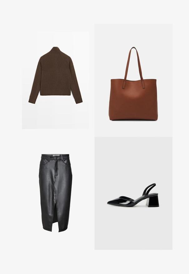 Bruine geribde gebreide trui met lange mouwen en een hoge hals, weergegeven vanuit de achterkant op een witte achtergrond.; Zwarte leren rok met een middellange ontwerp, voorzien van een split aan de voorkant, klassieke riemlussen en gestikte details langs de naden.; Zwarte gepatineerde leren slingback hakken met een spitse neus en een geometrische blokhak. Kenmerkt zich door een slank, minimalistisch ontwerp en een gladde textuur.; Bruine leren tote bag met een gladde textuur, een ontwerp met een open bovenkant en twee schouderbanden. Kenmerkt zich door minimale stiksels en geen zichtbare hardware.