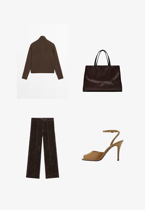 Hnědý žebrovaný pletený svetr s dlouhými rukávy a vysokým límcem, zobrazený zezadu na bílém pozadí.; Kalhoty s širokými nohavicemi v tmavě hnědé barvě, s texturou podobnou semiši, vertikálními švy a elastickým pasem pro pohodlí.; Hnědá otevřená lodička na vysokém podpatku s lesklým povrchem, tenkým řemínkem kolem kotníku a stiletto podpatkem. Hladká textura, minimalistický design.; Massimo Dutti Kabelka - brown
