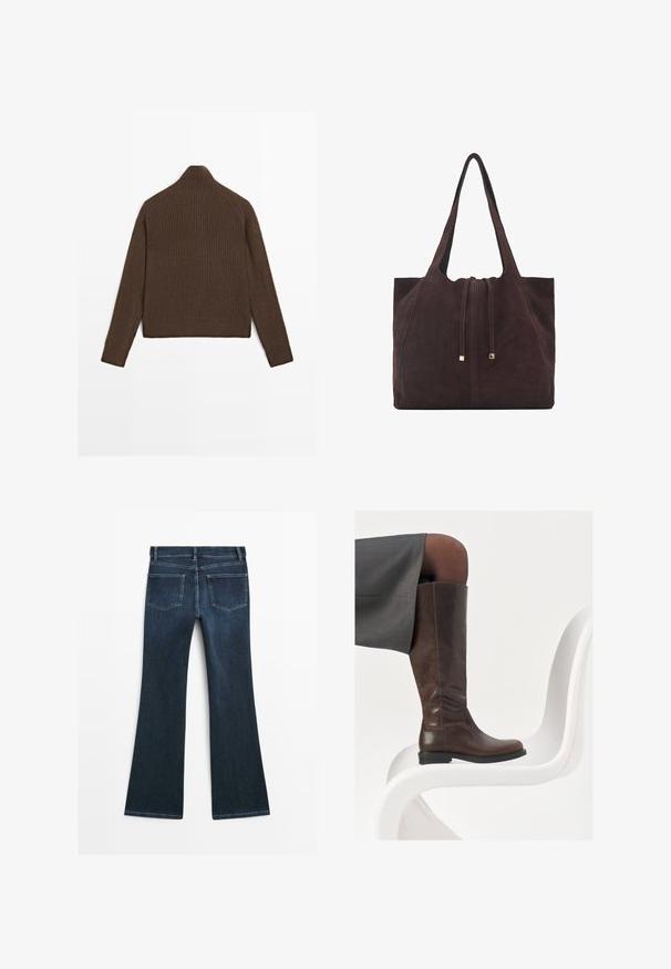 Hnědý žebrovaný pletený svetr s dlouhými rukávy a vysokým límcem, zobrazený zezadu na bílém pozadí.; Tmavé džíny s rozšířenými nohavicemi a hladkým povrchem, dvěma zadními kapsami, poutky na opasek a prošívanými detaily. Klasický design s pěti kapsami.; Hnědá kožená kotníková bota s rounded toe, hladkou texturou a minimálními švy, umístěná na světlém pozadí na bílé židli.; Mango Velká kabelka - dark brown