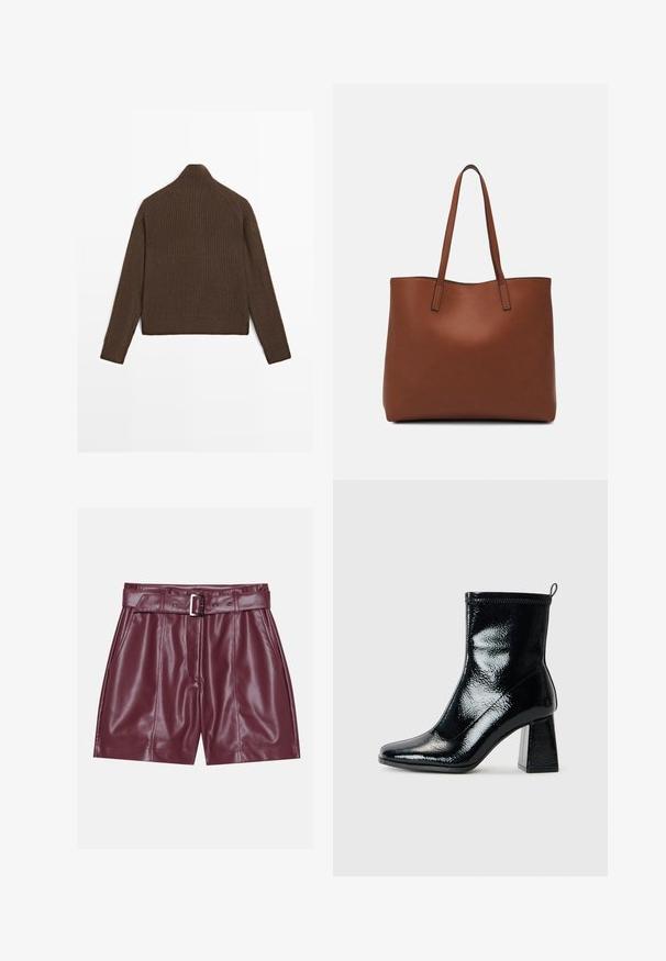 Maglione a coste marrone con maniche lunghe e colletto alto, mostrato da dietro su uno sfondo bianco.; Pantaloni corti in ecopelle borgogna con una cintura ampia, una cintura con fibbia argentata e pieghe frontali per una silhouette rilassata.; Stivale alla caviglia in vernice nera con punta quadrata e tacco geometrico spesso. Presenta una texture liscia e lucida e un'apposita linguetta sul retro per facilitare l'indossamento.; Borsa tote in pelle marrone con texture liscia, design con apertura superiore e due spallacci. Presenta cuciture minime e nessun hardware visibile.