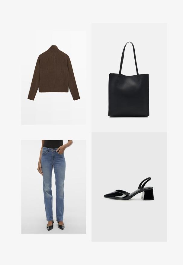 Hnědý žebrovaný pletený svetr s dlouhými rukávy a vysokým límcem, zobrazený zezadu na bílém pozadí.; Džíny z modrého denimu s mírně vybledlým vzhledem, pěti kapsami a zapínáním na zip. Nohy mají rovný střih.; Černé lakované kožené lodičky na pásku s špičatou špičkou a geometrickým blokovým podpatkem. Vyznačují se elegantním, minimalistickým designem a hladkým povrchem.; Černá kožená taška přes rameno s hladkým povrchem, obdélníkovým tvarem a dvěma dlouhými uchy. Žádné viditelné kování ani ozdoby.