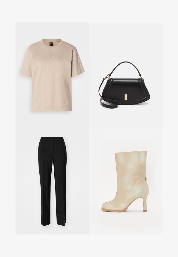 Beigā krāsa īsām piedurknēm kokvilnas T-kreklam ar apaļu kakla izgriezumu un nelielu izšūtu pārklājošu "B" logotipu centrā uz priekšu.; Melnas pielāgotas bikses ar taisnu kāju dizainu, kas raksturojas ar gludu faktūru un asiem krokām pa priekšu. Nav redzamu metāla detaļu.; Bežīgas ādas potīšu zābaki ar spīdīgu apdari, mandeles formas purngaliem un stiletto papēdi. Izceļas ar gludu tekstūru un minimālistisku dizainu.; Melnas ādas roku soma ar struktūru, ar īsu formu, augšējo rokturi un zelta aksesuāriem. Iekļauta regulējama plecu siksna.