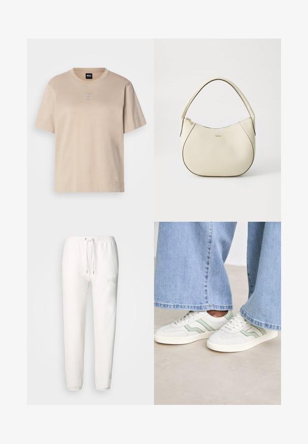 Béžové tričko s krátkym rukávom vyrobené z bavlny, s okrúhlym výstrihom a malým vyšitým logom prekrývajúcim písmeno "B" na prednej strane.; Biele teplákové nohavice z jemnej tkaniny, s elastickým pásom na šnúrku a vyšitým logom na ľavom stehne. Sprevádzkovaný strih nohavíc.; Biele tenisky s svetlozelenými akcentmi, textúrovaná koža a ploché gumové podrážky. V kombinácii s širokými džínovými nohavicami.; Krémová kabelka s textúrovaným povrchom, zakriveným tvarom, krátkym uchom a detailom loga v zlatom tóne. Zapínanie na zips na vrchu.