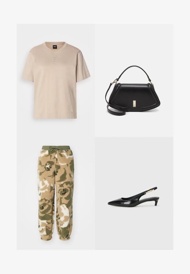 Beigā krāsa īsām piedurknēm kokvilnas T-kreklam ar apaļu kakla izgriezumu un nelielu izšūtu pārklājošu "B" logotipu centrā uz priekšu.; Fleecīgas sporta bikses ar auklu jostasvietā. Iespējas kamuflāžas raksts bežā, zaļā un baltā krāsā. Mīksts, teksturēts materiāls.; Melnas ādas slingback zābaki ar smailu purngalu, ar šauru papēdi un zelta krāsas akcentu uz regulējama siksniņas. Gluda tekstūra.; Melnas ādas roku soma ar struktūru, ar īsu formu, augšējo rokturi un zelta aksesuāriem. Iekļauta regulējama plecu siksna.