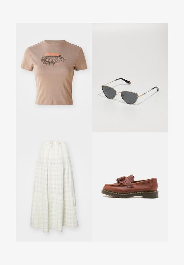 Hnedé bavlnené tričko, krátke rukávy, okrúhly výstrih. Na prednej strane je grafika "PARADISE" v oranžovej farbe s dizajnom krajiny a paliem.; Dlhá biela sukňa vyrobená z textúrovanej tkaniny, s kockovaným vzorom, s vrstveným dizajnom a so stiahnutím na páse.; Hnedé kožené mokasíny s cínkovými akcentmi, textúrovaný povrch a kontrastný žltý steh pozdĺž čiernej gumenej podrážky. Bočný pohľad.; Slnečné okuliare s zlatým kovovým rámom a tmavými sklami, v tvare cat-eye, s čiernymi ramenami a dúhovým akcentom na jednej strane.