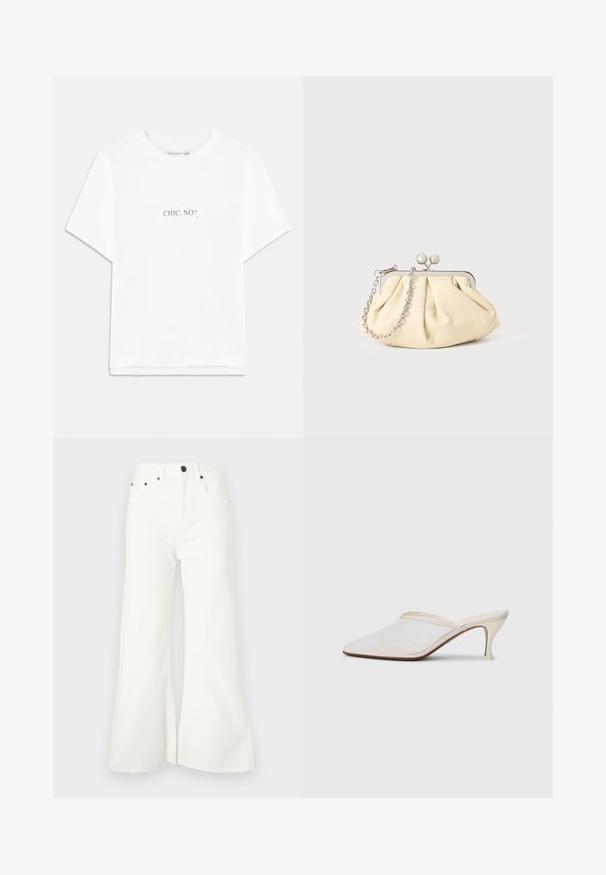 Vit bomull t-shirt med kort ärm och rak fåll. Centrerad text i svart som läser "CHIC, VA?". Klassisk beskärning med rund hals.; Uppfläkt vita denimjeans med hög midja, fem fickor och råa fållar. Har metallhardware och knappstängning.; Vit nät-mule med spetsig tå, smal klack i medelhöjd och slip-on design mot en enkel bakgrund.; Plisserad beige läderclutch med en silvermetallram, som har två runda dekorativa lås och en silverkedjestrap.
