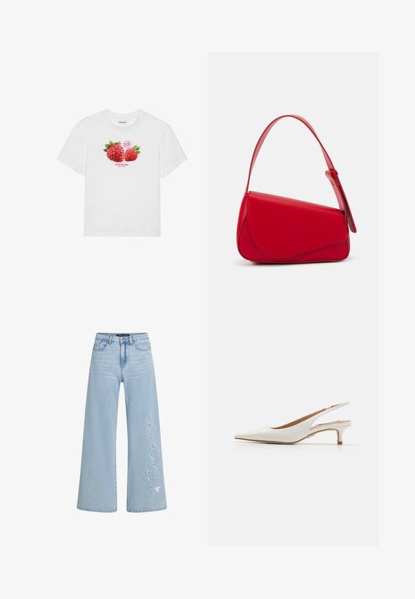 Maglietta bianca in cotone con una grafica di due lamponi rossi con foglie verdi, e la scritta "frutta fresca" e "dolce e gustosa" sottostante.; Jeans a gamba larga di colore blu chiaro in denim, con la scritta cucita "Donald e Daisy" sulla gamba sinistra. Presentano un classico design a cinque tasche e passanti per la cintura.; Steve Madden KARI - Decolleté - white; Borsa a tracolla in pelle rossa con un design angolare e geometrico. Presenta una singola tracolla regolabile e una chiusura a patta con dettagli cuciti.