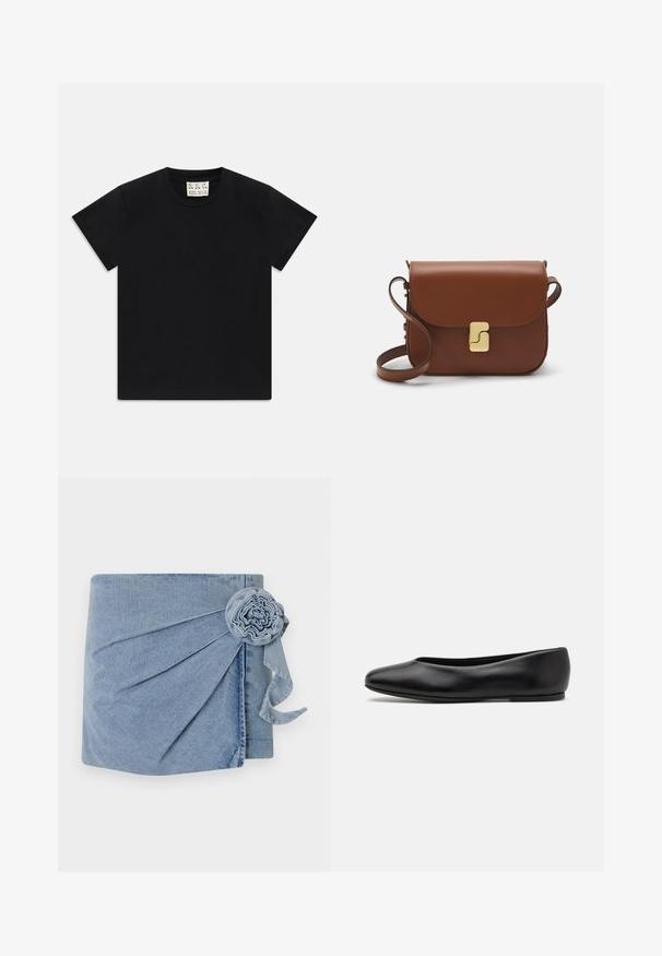 Camiseta preta de manga curta com decote redondo e uma etiqueta branca dentro do colarinho rotulada "D.R.C. EST. 2002" sobre um fundo branco.; Envoltorio de denim com um tom azul claro, pregueado intrincado e um detalhe de flor decorativa com uma fita pendente. Textura suave e design casual.; Paul Smith TOPANGA - Sabrinas - black; Bolsa de couro castanho com fecho de aba, decoração em tom dourado, alça de ombro e textura suave. Formato retangular compacto.
