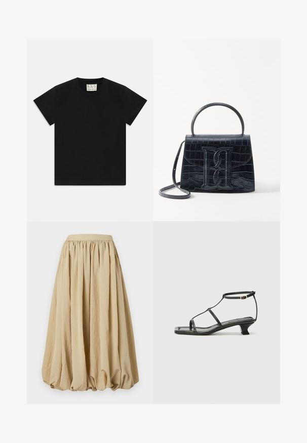 Schwarzes Kurzarm-T-Shirt mit Rundhalsausschnitt und einem weißen Etikett im Kragen, darauf steht "D.R.C. EST. 2002", vor einem weißen Hintergrund.; Beige Midi-Rock mit gerafftem Bund, fließendem Stoff und voluminösem Schnitt, der eine strukturierte Oberfläche und subtile Faltendetails aufweist.; Schwarze Ledersandale mit quadratischer Zehenpartie, dünnen Riemen, verstellbarem Knöchelriemen und einem niedrigen Absatz. Mit einem kleinen goldenen Akzent am Riemen.; Schwarze Handtasche aus Krokodilprägung mit strukturiertem Design, Oberhandgriff, verstellbarem Tragegurt und einem auffälligen Logo-Detail auf der Vorderseite.