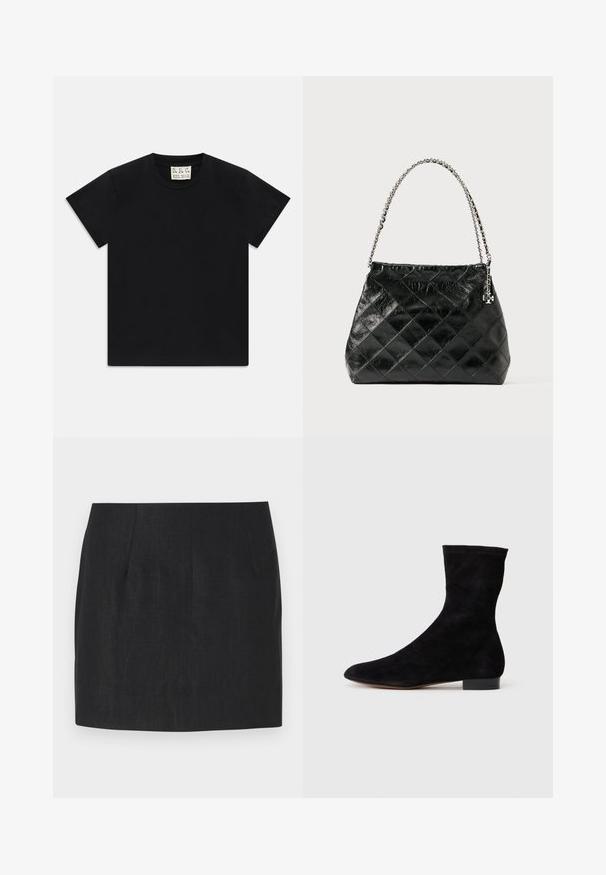 Fekete, rövid ujjú, kerek nyakú póló fehér címkével a gallér belsejében, amelyen az "D.R.C. EST. 2002" felirat szerepel, fehér háttéren.; Fekete szoknya, szabott fazonnal, rakott részletekkel és sima, texturált anyaggal. Az alja egyenes, a térd fölé érkező hosszúsággal.; Fekete velúr bokacsizma, illeszkedő szárral, hegyes orral és alacsony blokk sarokkal. Simább felület és minimalista dizájn, amely sokoldalú stílushoz megfelelő.; Fekete, steppelt bőr kézitáska ezüst láncos fogantyúval, strukturált kialakítással és sima textúrával.