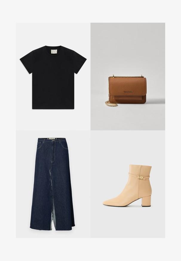 Melns īsām piedurknēm kreklus ar balto uzlīmi iekšā apkaklītē, kas apzīmēta ar "D.R.C. EST. 2002" uz baltas fona.; Tumši zilonis garš svārki ar priekšējo šķēlumu. Iekļauj klasisko piecu kabatu dizainu un redzamas vīles. Malas ir nolietotas.; Bēša ādas potītes zābaks ar smailu purngalu, masīvu papēdi un dekoratīvu potītes jostu ar zelta toni sprādzi.; Brūna teksturēta ādas plecu soma ar zelta ķēdes siksnu un atloka aizdari. Priekšpusē ir logotipa detaļa un kabata zem atloka.