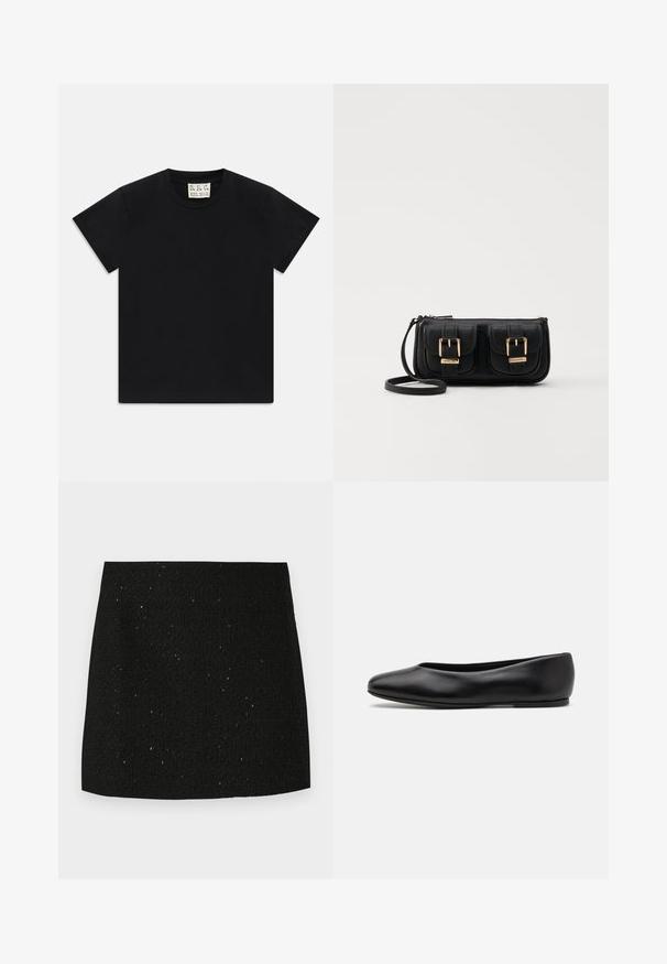 Zwarte t-shirt met korte mouwen en ronde hals met een wit label binnen in de kraag, waarop "D.R.C. EST. 2002" staat, tegen een witte achtergrond.; Zwarte minirok met een textuur en subtiele glinsterende spikkels, recht gesneden, zonder zichtbare versieringen of patronen.; Paul Smith TOPANGA - Ballerina's - black; Zwarte leren schoudertas met twee vo pockets, gouden gespen, ritsluiting en een smalle band. Tekstuur oppervlak en compacte rechthoekige vorm.