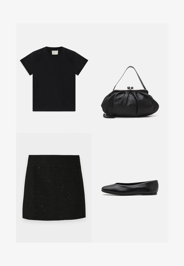 Czarny t-shirt z krótkim rękawem i okrągłym dekoltem, z białą metką wewnątrz kołnierza oznaczoną "D.R.C. EST. 2002" na białym tle.; Czarna teksturowana mini spódnica z subtelnymi błyszczącymi drobinkami, prosta kroju, bez widocznych ozdób czy wzorów.; Paul Smith TOPANGA czarny; Czarna skórzana torebka o zaokrąglonym, plisowanym wzorze. Posiada metalowy zamek z dwoma dekoracyjnymi kulkami oraz smukły, odpinany pasek.
