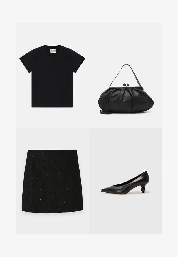 Zwarte t-shirt met korte mouwen en ronde hals met een wit label binnen in de kraag, waarop "D.R.C. EST. 2002" staat, tegen een witte achtergrond.; Zwarte minirok met een textuur en subtiele glinsterende spikkels, recht gesneden, zonder zichtbare versieringen of patronen.; Zwarte leren hoge hak schoen met een spitse neus en een ronde, bolle hak. Gladde textuur met een elegant, minimalistisch ontwerp.; Zwarte leren handtas met een afgerond, geplooid ontwerp. Voorzien van een metalen sluiting met twee decoratieve bollen en een smalle, afneembare schouderband.