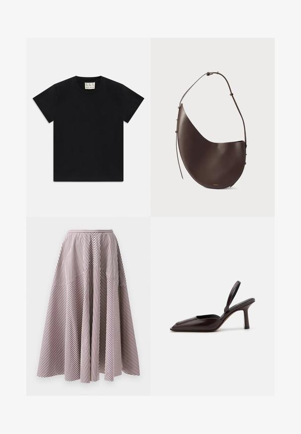 T-shirt noir à manches courtes avec col rond, portant une étiquette blanche à l'intérieur du col étiquetée "D.R.C. EST. 2002" sur fond blanc.; Jupe rayée avec des lignes verticales blanches et bordeaux, présentant un design évasé et une texture froncée à la taille, fabriquée en tissu léger.; Escarpin à talon haut et à bout pointu en cuir verni marron avec une bride arrière. Présente un design élégant et une texture de surface lisse.; Sac à main en cuir brun avec une forme incurvée, une seule sangle et un design minimaliste. Présente un logo subtil et des accents en hardware doré.