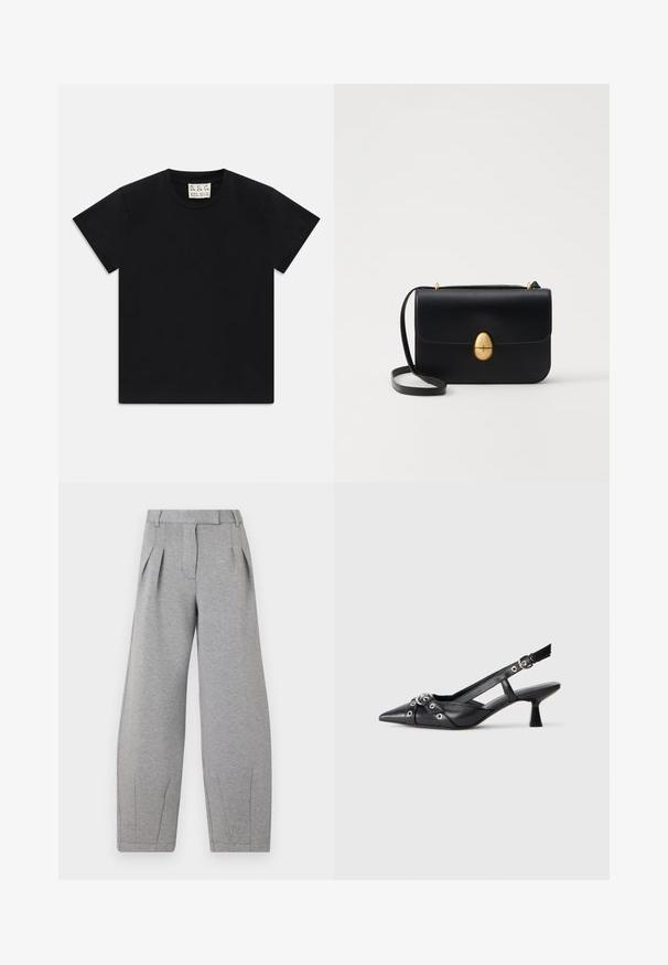 Schwarzes Kurzarm-T-Shirt mit Rundhalsausschnitt und einem weißen Etikett im Kragen, darauf steht "D.R.C. EST. 2002", vor einem weißen Hintergrund.; Graue, weit geschnittene Hose aus weichem Stoff, mit Falten an der Vorderseite, flachem Taillenbund und geraden Nähten entlang der Beine.; Schwarzer Leder-Slingback-Schuh mit spitz zulaufender Zehenpartie, dekorativen Riemen mit METALLÖSEN und niedrigem Blockabsatz. Strukturelle Oberfläche.; Schwarze Lederhandtasche mit strukturierter rechteckiger Form. Verfügt über einen goldenen ovalen Verschluss und einen dünnen Schulterriemen. Glatte Textur.