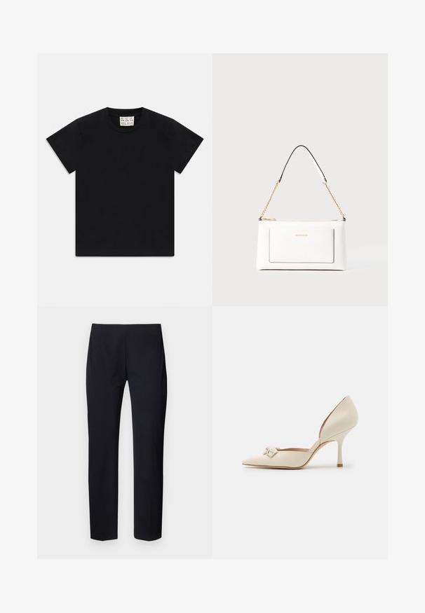 Black short-sleeve crew neck t-shirt with a white tag inside the collar labeled "D.R.C. EST. 2002" on a white background.; Black tailored pants with a slim fit, featuring a smooth texture and a flat front design. No visible pockets or hardware details.; Beige leather high-heeled pump with pointed toe, decorative bow detail, and a slender heel. Smooth texture with a glossy finish.; White leather handbag with a textured finish, featuring a gold chain strap and black accents. Includes a front pocket and zipper closure.