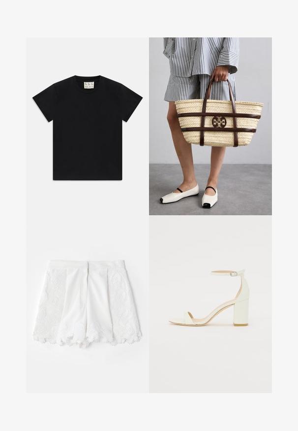 T-shirt noir à manches courtes avec col rond, portant une étiquette blanche à l'intérieur du col étiquetée "D.R.C. EST. 2002" sur fond blanc.; Shorts blancs avec un design brodé texturé sur les côtés et un ourlet festonné. Tissu lisse avec des accents de perles décoratives.; Sandale à talon bloc en cuir blanc avec une bride de cheville à boucle et un design minimaliste. Bout ouvert et textures lisses sur l'ensemble.; Sac en paille tissé avec des accents et des poignées en cuir marron. Présente un logo découpé et des bandes horizontales contrastées.