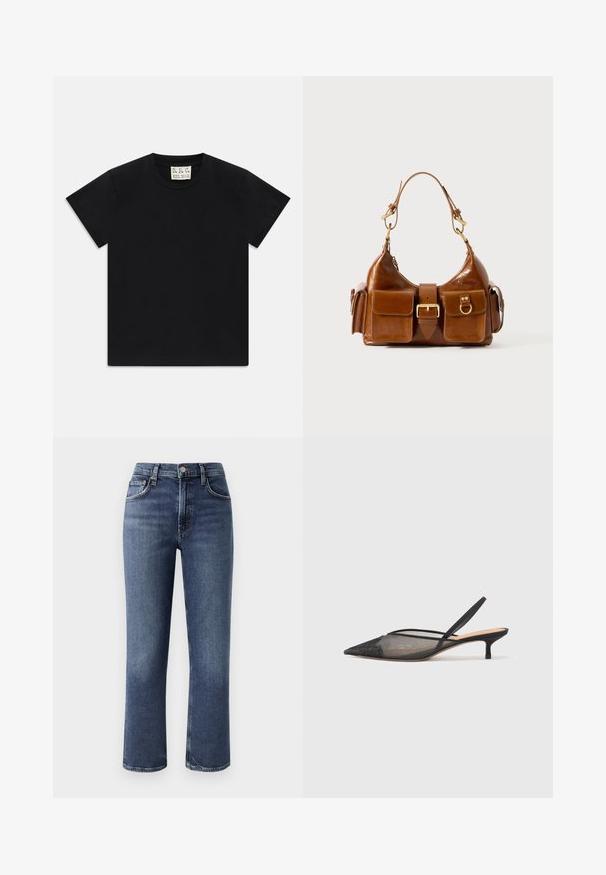 Svart t-shirt med kort ärm och rund halsringning, med en vit etikett i kragen som säger "D.R.C. EST. 2002", på vit bakgrund.; Mörkblå denimjeans med rak bendesign, hög midja, framfickor och en klassisk knappgylf.; NEOUS IRENA - Pumps - black; Brun läderhandväska med en rundad form, dubbla detaljer i gyllene ton, två framfickor och ett brett band. Slät textur med en elegant finish.