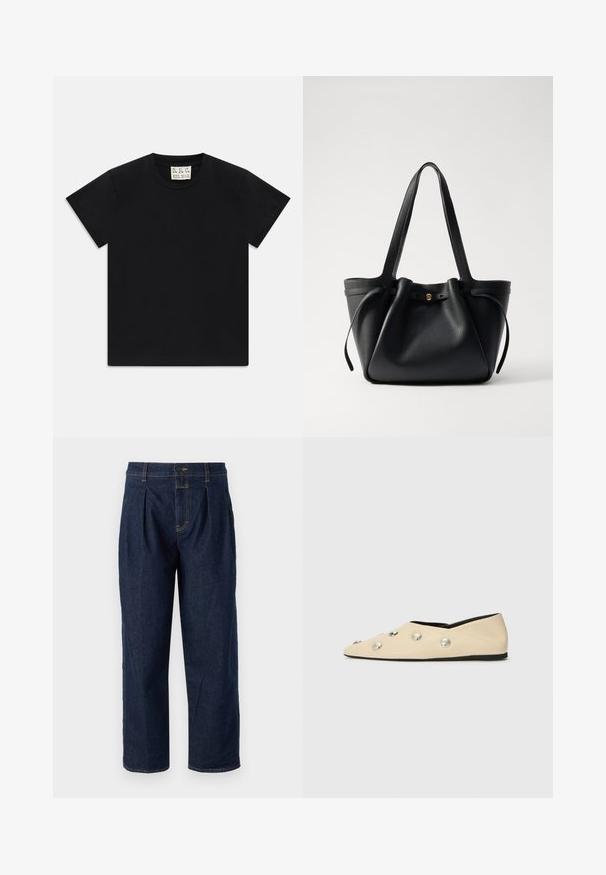 Black short-sleeve crew neck t-shirt with a white tag inside the collar labeled "D.R.C. EST. 2002" on a white background.; Dark blue denim trousers with a high waist, featuring front pleats and a straight-leg cut. Contrast stitching and a single button closure.; CLOSED Ballet pumps - ecru; Black leather tote bag with two long straps, a cinched top, and a gold circular accent. Smooth texture with a minimalist design.