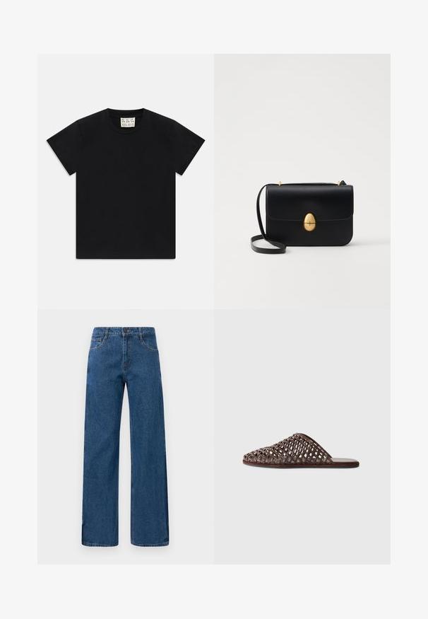 Melns īsām piedurknēm kreklus ar balto uzlīmi iekšā apkaklītē, kas apzīmēta ar "D.R.C. EST. 2002" uz baltas fona.; Zilas augstās jostas platajās biksēs ir priekšējās un aizmugurējās kabatas, pogu aizdare un redzama diegu šuvuma uz balta fona.; Brūni austs slaidu sandales ar noapaļotu pirkstu, atvērtu dizainu, plakanu zoli un teksturētu virsmu. Viegls materiāls un minimālistiska siluets.; Melnas ādas rokassomu ar strukturētu taisnstūra formu. Iespējas zelta ovāla slēdzis un plāns plecu siksna. Gluda tekstūra.