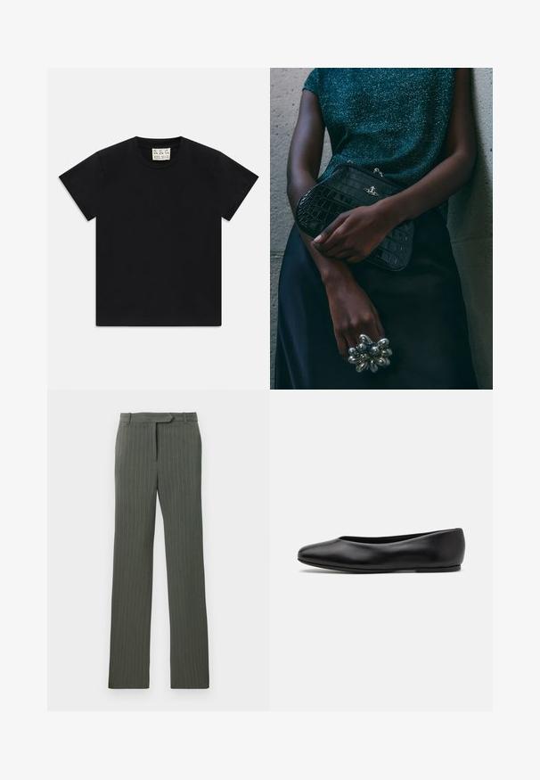 Zwarte t-shirt met korte mouwen en ronde hals met een wit label binnen in de kraag, waarop "D.R.C. EST. 2002" staat, tegen een witte achtergrond.; Donkergrijze pinstripe op maat gemaakte broeken met riemlus en een rechtvallende pasvorm, platgelegd op een witte achtergrond.; Paul Smith TOPANGA - Ballerina's - black; Zwarte clutch met krokodillenpatroon en zilverkleurige hardware, vastgehouden tegen een gestructureerde grijze achtergrond. Heeft een glanzend oppervlak.