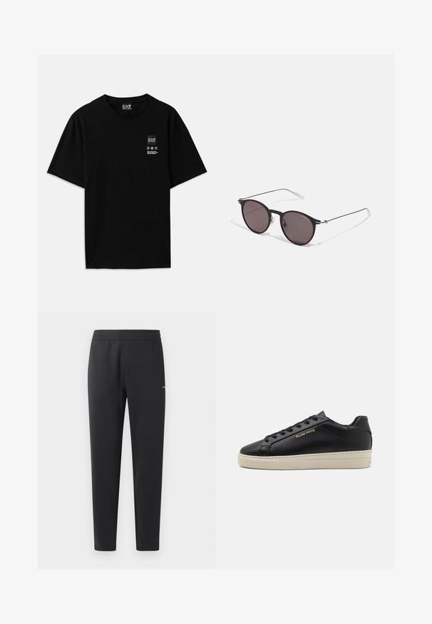 Musta puuvillapaita lyhyillä hihoilla, pyöreällä kaula-aukolla ja edessä pieni logo, jossa on valkoisia hoito-ikoneita.; Mustat verkkarit, jotka on valmistettu pehmeästä kankaasta. Niissä on joustava vyötärö, suorat lahkeet ja pieni logo-yksityiskohta sivulla.; Musta nahkakengät, joissa on sileä pinta, kontrastoiva kerma värinen pohja, pyöreä kärki, kultainen logo sivussa ja kuusi reikää nauhoille.; Musta pyöreä aurinkolasit tummilla linsseillä ja kapeilla metallikehyksillä. Sisältää kirkkaat temppelet ja hopeiset yksityiskohdat saranassa. Minimalistinen muotoilu.