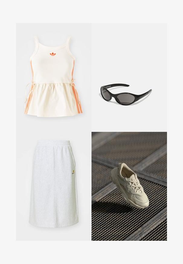 Crème tanktop met oranje zijstrepen en een geborduurd logo. Voorzien van een verstelbaar trekkoord in de taille en een getailleerd ontwerp.; Lichtgrijze sweatshirtrok met een elastische tailleband, zijzakken en een klein logo in goud op de voorkant. Zacht, gestructureerd materiaal.; Beige sneaker met gestructureerde stof, contrasterende gladde accenten, afgeronde zool en veters, boven een gegraveerd oppervlak.; Zwarte zonnebril met een ovale vorm en donkere lenzen. Slank plastic montuur met textuuraccenten op de armen. Merkaanduiding aan de zijkant.