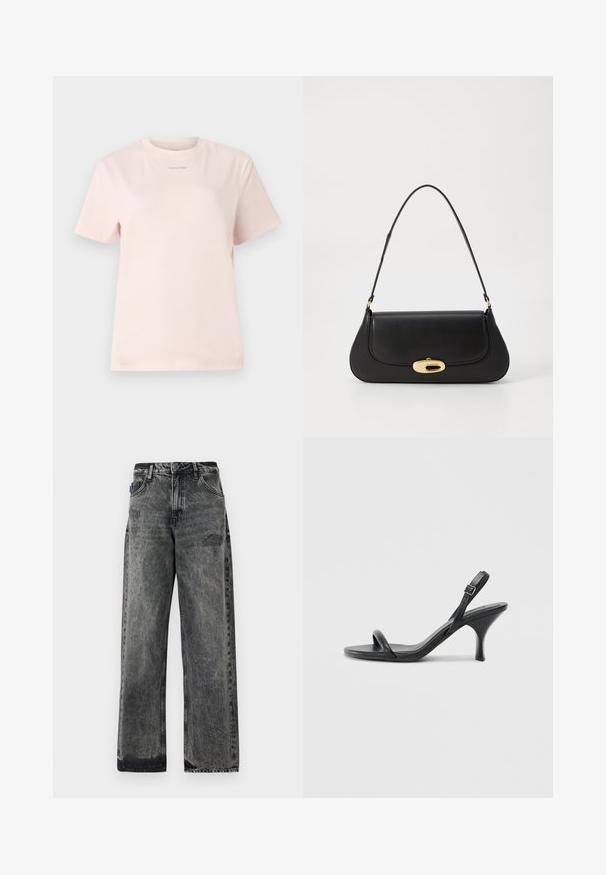 Light pink cotton t-shirt with a crew neck, short sleeves, and a small "Calvin Klein" logo printed in a matching color on the chest.; Wide-leg black denim jeans with a faded wash, distressed detailing on the front, and standard five-pocket design.; Black leather high-heeled sandals with a slim, curved heel and a crossed strap design. Adjustable ankle strap. Smooth texture.; Black leather handbag with a curved design, gold-tone hardware, and a top handle. Features a sleek closure and smooth texture.