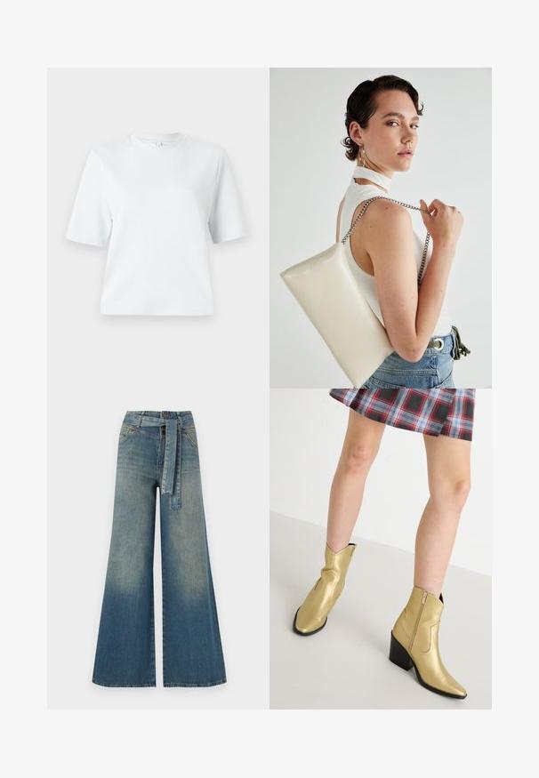 Camiseta de manga corta azul claro hecha de suave algodón. Presenta un clásico cuello redondo y un corte relajado, sin patrones ni acentos.; Pantalones de mezclilla de pierna ancha con un degradado de azul claro a oscuro, cintura alta, trabillas para cinturón y un cinturón de tela a juego. Acabado de mezclilla texturizada.; Botas metálicas doradas hasta el tobillo con punteras puntiagudas, cierre de cremallera y tacón cuadrado. Textura suave con acentos cosidos y una forma clásica.; Bolso de mano rectangular blanco, hecho de un material brillante, con una cadena plateada. La modelo posa, mostrando el bolso frente a un fondo liso.