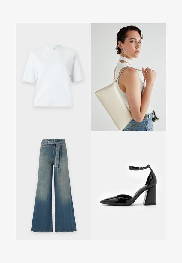 Light blue short-sleeve t-shirt made of soft cotton. Features a classic round neckline and a relaxed fit, with no patterns or accents.; Wide-leg denim trousers featuring a light to dark blue gradient, high waist, belt loops, and a matching fabric belt. Textured denim finish.; Black patent leather high heel shoe with a pointed toe, ankle strap, and wide block heel for stability, featuring a smooth glossy texture.; White rectangular clutch bag made of glossy material, featuring a silver chain strap. Model poses, showcasing the bag against a plain background.