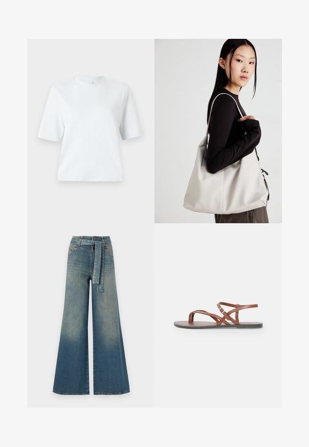 Camiseta de manga corta azul claro hecha de suave algodón. Presenta un clásico cuello redondo y un corte relajado, sin patrones ni acentos.; Pantalones de mezclilla de pierna ancha con un degradado de azul claro a oscuro, cintura alta, trabillas para cinturón y un cinturón de tela a juego. Acabado de mezclilla texturizada.; Sandalias planas de cuero marrón con correas entrelazadas, diseño de punta abierta y una correa en el tobillo con hebilla. Textura suave y estilo minimalista.; Bolso de mano beige hecho de material suave, con un diseño holgado, detalles cosidos y dos asas. Adecuado para uso diario.