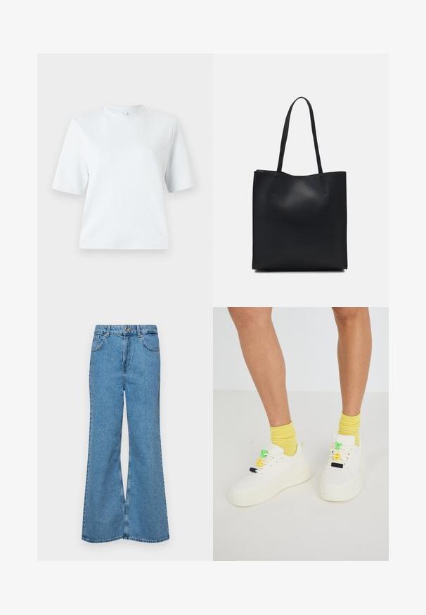 Light blue short-sleeve t-shirt made of soft cotton. Features a classic round neckline and a relaxed fit, with no patterns or accents.; Light blue flared jeans made of denim, featuring a high waist, five pockets, and a single button closure. Soft texture with faded finish.; White sneakers with a chunky sole, featuring colorful lace accents in green, yellow, and black. Worn with yellow ribbed socks.; Black leather tote bag with smooth texture, rectangular shape, and two long handles. No visible hardware or embellishments.