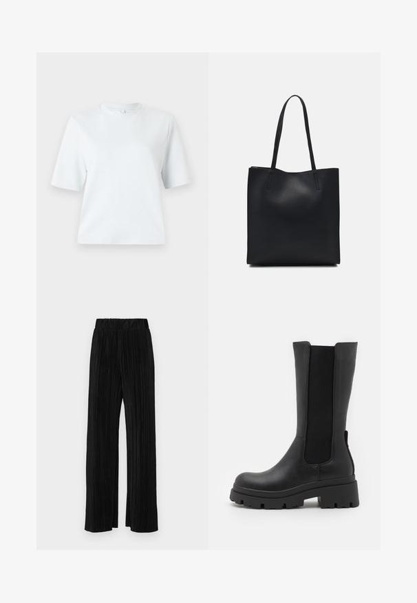 T-shirt azul claro de mangas curtas, feita de algodão macio. Apresenta um decote redondo clássico e um corte descontraído, sem padrões ou detalhes.; Calças pregueadas pretas com uma cintura elástica. Apresentam pernas largas e um tecido liso, texturizado com riscas verticais.; ONLY SHOES ONLDOJA - Botas de plataforma - black; Bolsa tote preta em couro com textura lisa, forma retangular e duas alças longas. Sem hardware ou enfeites visíveis.