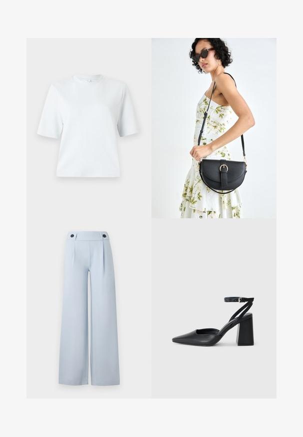 Svijetloplava majica kratkih rukava od mekog pamuka. Ima klasičan okrugli izrez i opušteni kroj, bez uzoraka ili dodataka.; Svijetloplave hlače širokih nogavica s ravnim prednjim dijelom, plisiranim detaljima i dva crna gumba na struku. Izrađene od glatkog materijala s čistim završetkom.; Crne kožne cipele s špicastim vrhom, remenom oko gležnja i debelim potplatom. Ravna tekstura, elegantan dizajn i minimalistička estetika.; Crna kožna torba s lukovitim oblikom, odvojivim remenom i zlatnim detaljima. Torba ima preklop s kopčom.