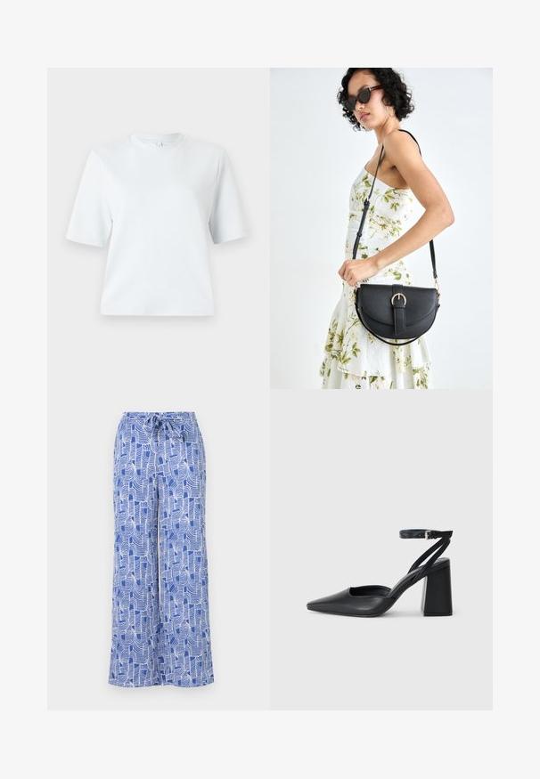 Šviesiai mėlyna trumpomis rankovėmis marškinėliai, pagaminti iš minkštos medvilnės. Turi klasikį apvalų iškirpimą ir laisvą siluetą, be raštų ar akcentų.; Mėlynos raštuotos plačios kelnės su raišteliu juosmenyje, pagamintos iš lengvos medžiagos su baltomis abstrakčiomis linijomis.; Juoda odinė smailiagalė aukštakulnio bateliai su kulkšnies dirželiu ir storu kulnu. Lygus paviršius, elegantiškas dizainas ir minimalistiška estetinė. ; Juodas odinis krepšys su išlenkta forma, nuimamu dirželiu ir auksiniais detalėmis. Krepšys turi kilpą su sagtimi.