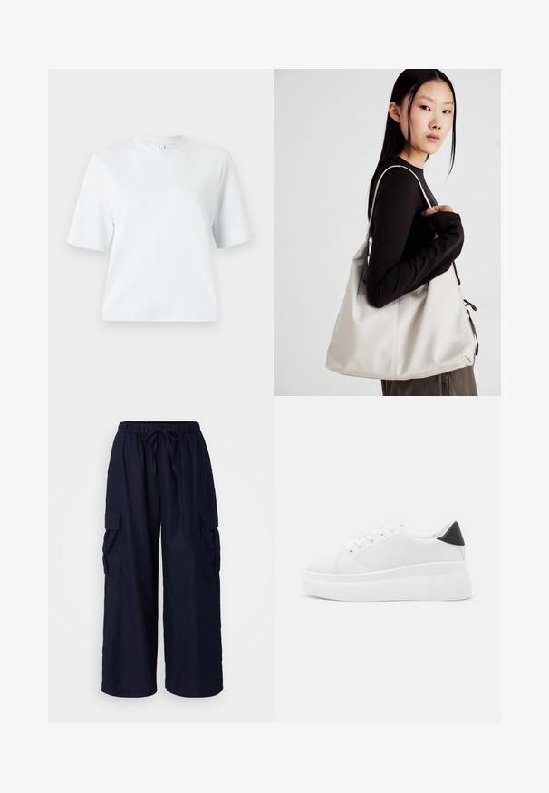 Svetlomodré tričko s krátkym rukávom, vyrobené z mäkkého bavlneného materiálu. Má klasický okrúhly výstrih a voľný strih, bez vzorov a akcentov.; Námorníckom modré cargo nohavice so voľným strihom, elastickým pásom so sťahovacou šnúrkou a dvoma bočnými vreckami. Vyrobené z ľahkej tkaniny.; Biele platformové tenisky vyrobené z hladkého syntetického materiálu, so zaoblenou špičkou, šnurovacím dizajnom a textúrovanou gumovou podrážkou. Čierny akcent na päte.; Béžová kabelka vyrobená z mäkkého materiálu, s uvoľneným dizajnom, prišitými detailmi a dvoma popruhmi na nosenie na pleciach. Vhodná na každodenné nosenie.