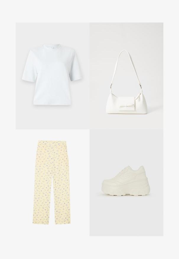 Ljusblå kortärmad t-shirt i mjuk bomull. Har en klassisk rund halsringning och en avslappnad passform, utan mönster eller dekorationer.; Ljust gula vida byxor med blomstertryck i blått. Elastisk midjeband, mjuk textur och rak skärning utformad för komfort.; Vita plattformssneakers med en slät läderliknande överdel, rundad form, vadderad krage och texturerad gummisula med definierade mönster.; Vit syntetisk handväska med triangulär form, platt framklaff och rosettdetalj, justerbar rem, slät textur och minimalistisk design.