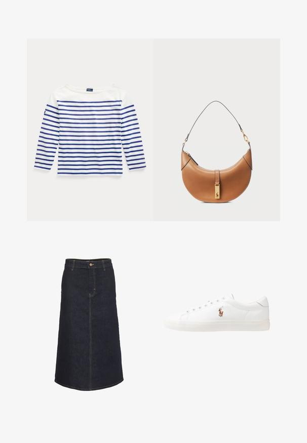 T-shirt à manches longues en coton blanc avec des rayures bleues horizontales. Doté d'un col bateau et d'une petite étiquette de logo sur la manche gauche.; Jupe midi en denim foncé avec une silhouette droite, dotée d'une fermeture à boutons sur le devant et de coutures jaunes contrastantes.; Baskets en cuir blanc, design bas, avec une texture lisse, bout rond, lacets à l'avant et un petit logo brodé sur le côté.; Sac à main en cuir tan avec une forme incurvée, quincaillerie dorée et une fine bandoulière. Présente une fermeture éclair et un détail de logo à l'avant.
